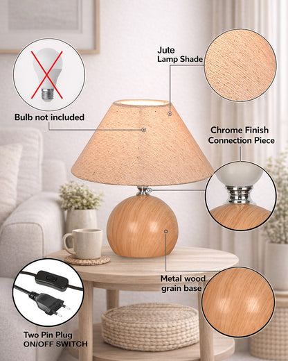 Homesake® Wood Grain Pattern Small Table Lamp, Desk Light, Bedroom Lamps for Nightstand, Scalloped Lamp Shade, Lamps for Small Spaces for Bedroom, Living Room, Round