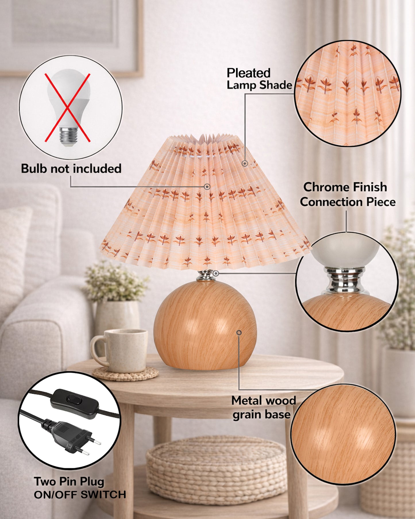 Homesake® Wood Grain Pattern Small Table Lamp, Desk Light, Bedroom Lamps for Nightstand, Scalloped Lamp Shade, Lamps for Small Spaces for Bedroom, Living Room, Round