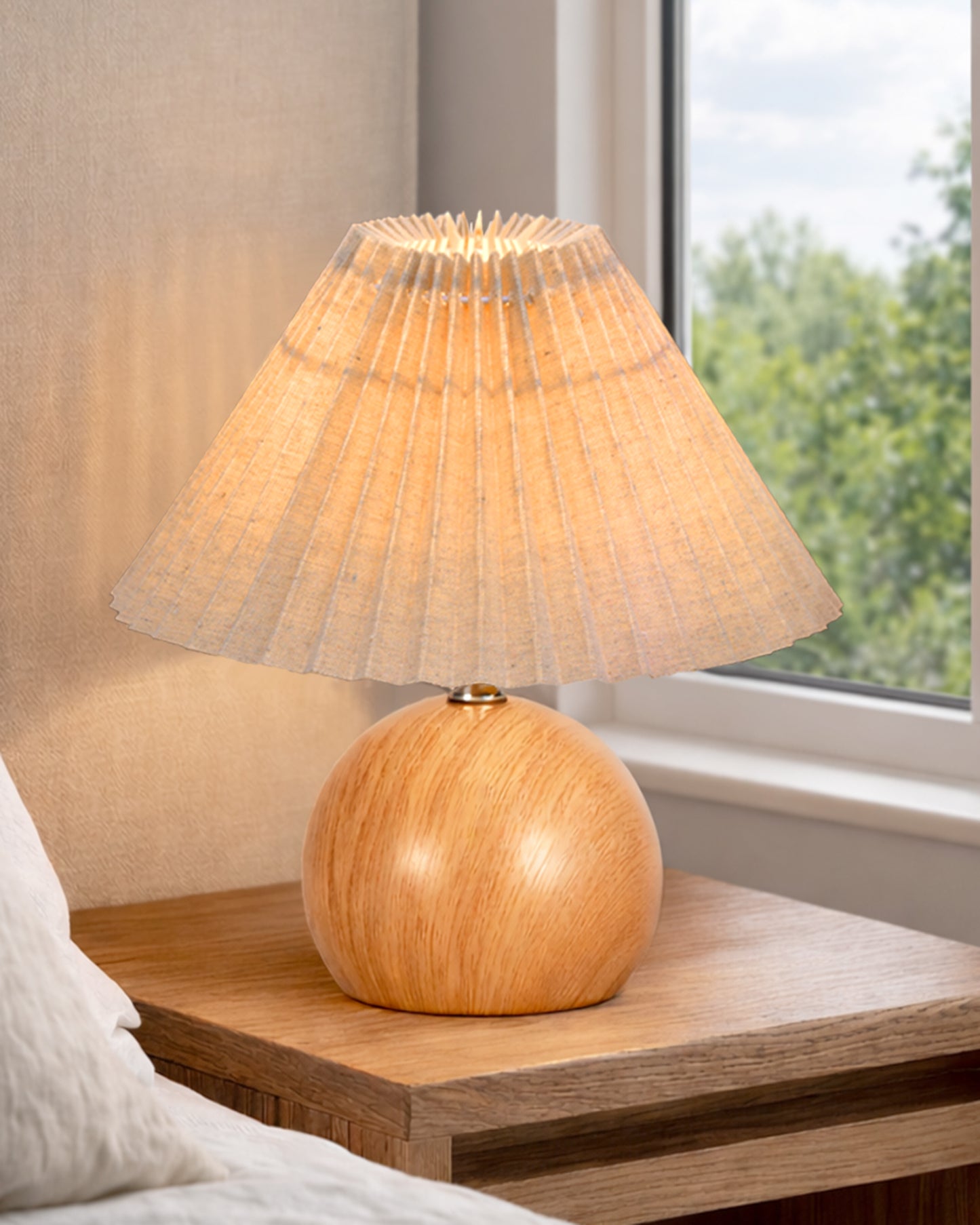 Homesake® Wood Grain Pattern Small Table Lamp, Desk Light, Bedroom Lamps for Nightstand, Scalloped Lamp Shade, Lamps for Small Spaces for Bedroom, Living Room, Round