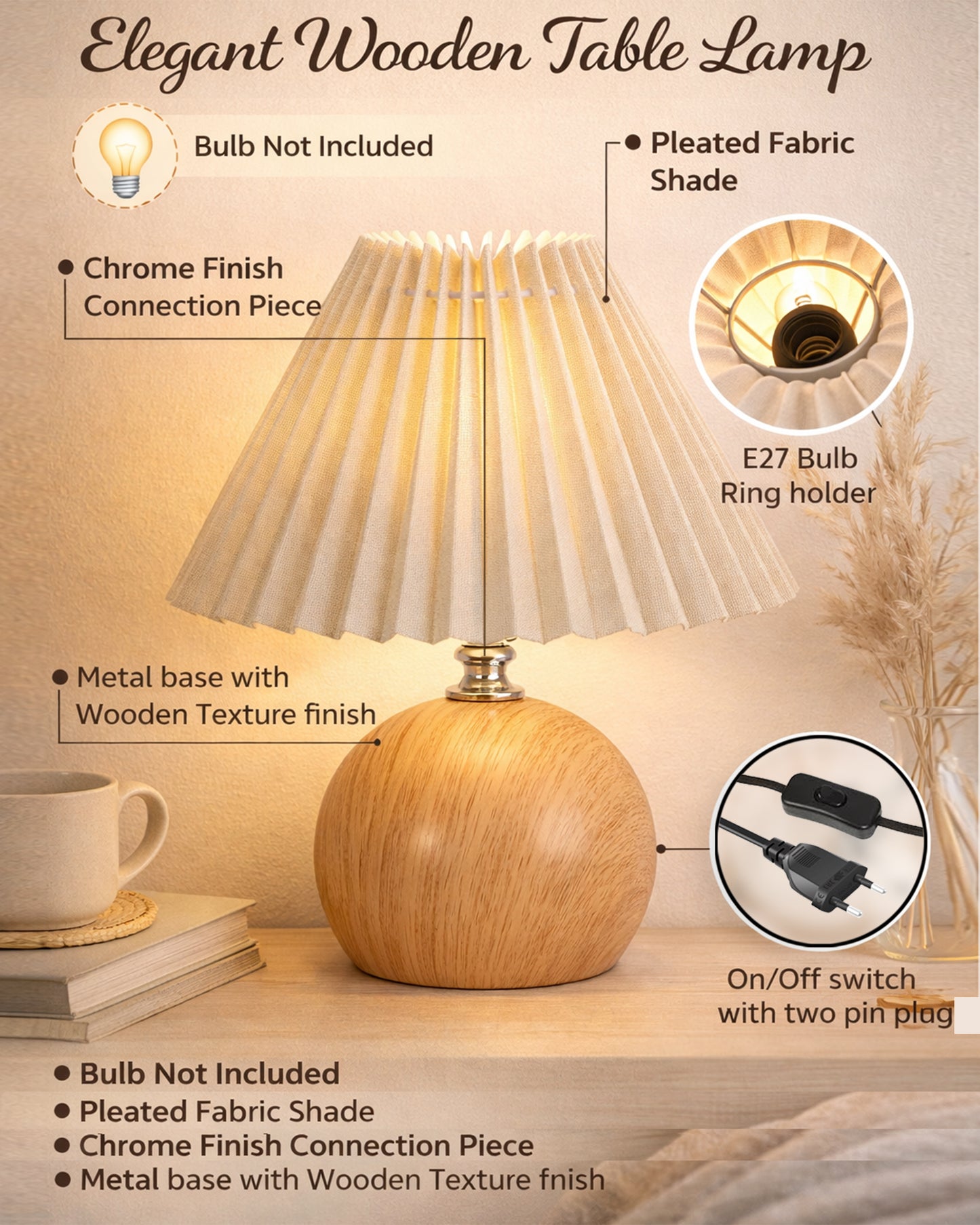 Homesake® Wood Grain Pattern Small Table Lamp, Desk Light, Bedroom Lamps for Nightstand, Scalloped Lamp Shade, Lamps for Small Spaces for Bedroom, Living Room, Round