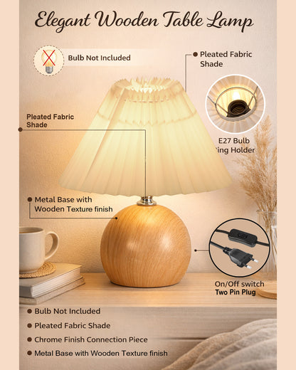 Homesake® Wood Grain Pattern Small Table Lamp, Desk Light, Bedroom Lamps for Nightstand, Scalloped Lamp Shade, Lamps for Small Spaces for Bedroom, Living Room, Round