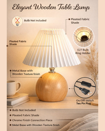 Homesake® Wood Grain Pattern Small Table Lamp, Desk Light, Bedroom Lamps for Nightstand, Scalloped Lamp Shade, Lamps for Small Spaces for Bedroom, Living Room, Round