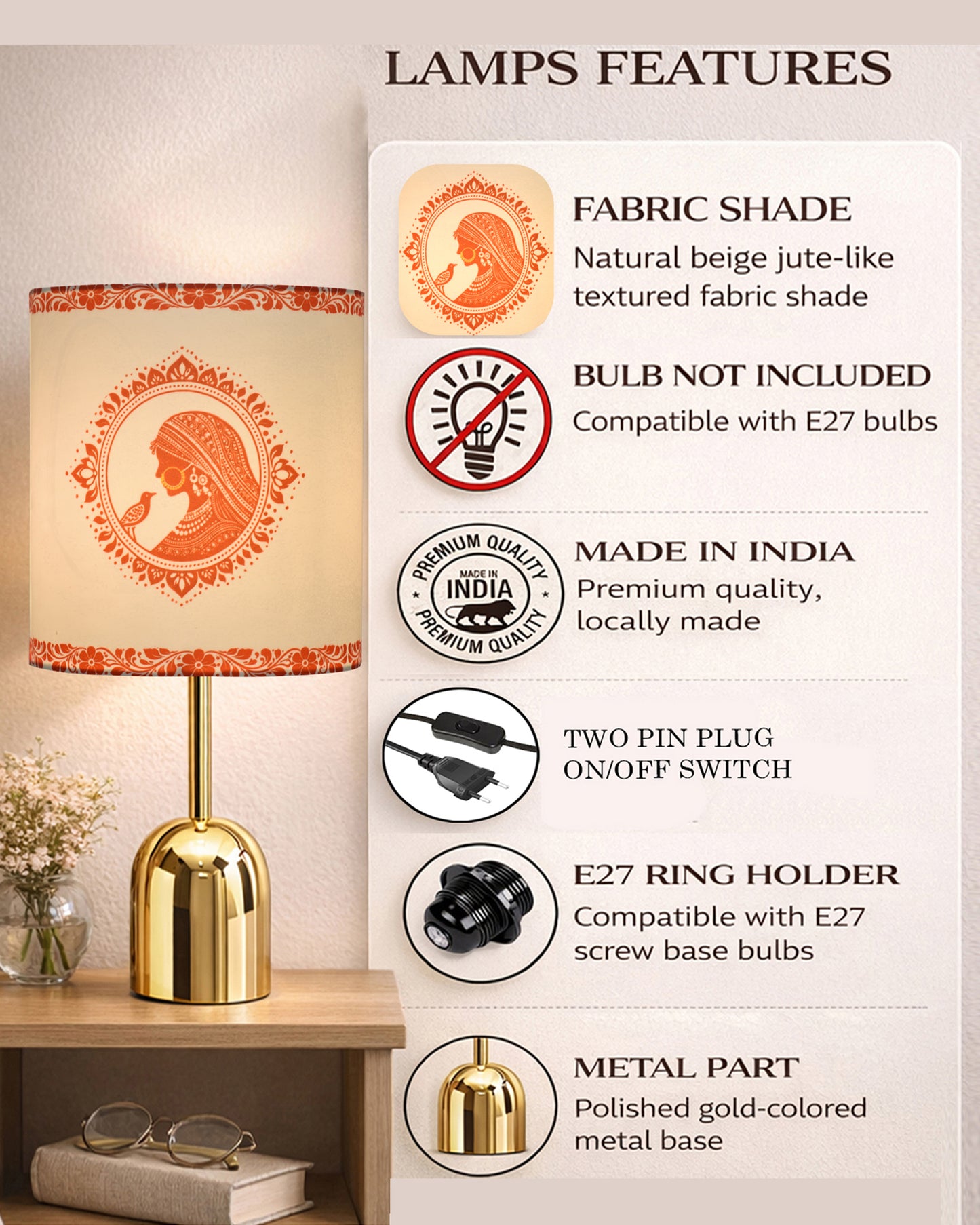 Luxe Dome Gold Table Lamp with Linen Fabric Drum Shade, Modern Decorative Bedside Lamp for Bedroom & Study Table, Living Room & Side Table, Jute Cylinde