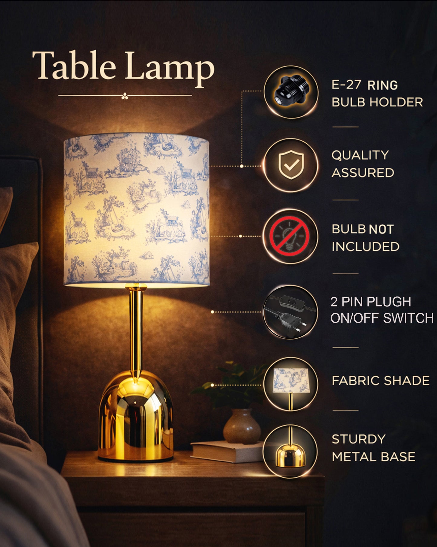 Luxe Dome Gold Table Lamp with Linen Fabric Drum Shade, Modern Decorative Bedside Lamp for Bedroom & Study Table, Living Room & Side Table, Jute Cylinde