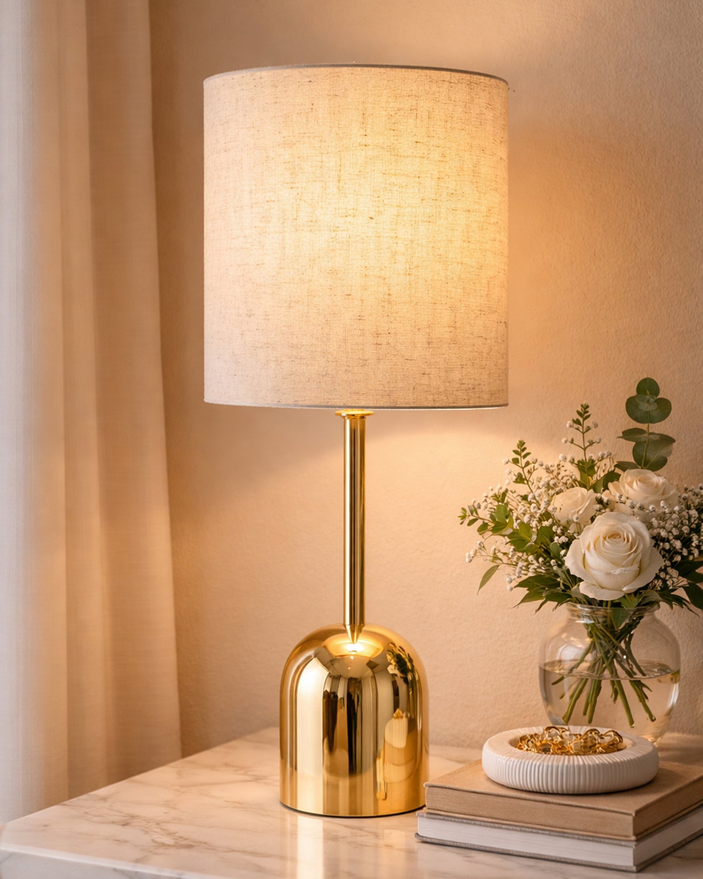 Luxe Dome Gold Table Lamp with Linen Fabric Drum Shade, Modern Decorative Bedside Lamp for Bedroom & Study Table, Living Room & Side Table, Jute Cylinde
