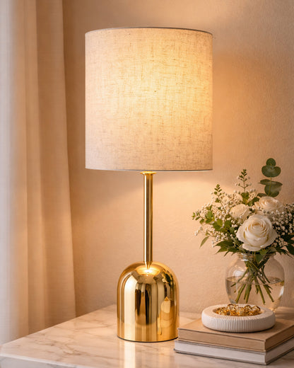 Luxe Dome Gold Table Lamp with Linen Fabric Drum Shade, Modern Decorative Bedside Lamp for Bedroom & Study Table, Living Room & Side Table, Jute Cylinde