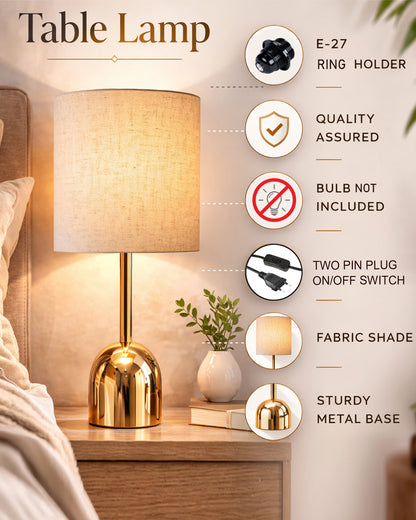 Luxe Dome Gold Table Lamp with Linen Fabric Drum Shade, Modern Decorative Bedside Lamp for Bedroom & Study Table, Living Room & Side Table, Jute Cylinde