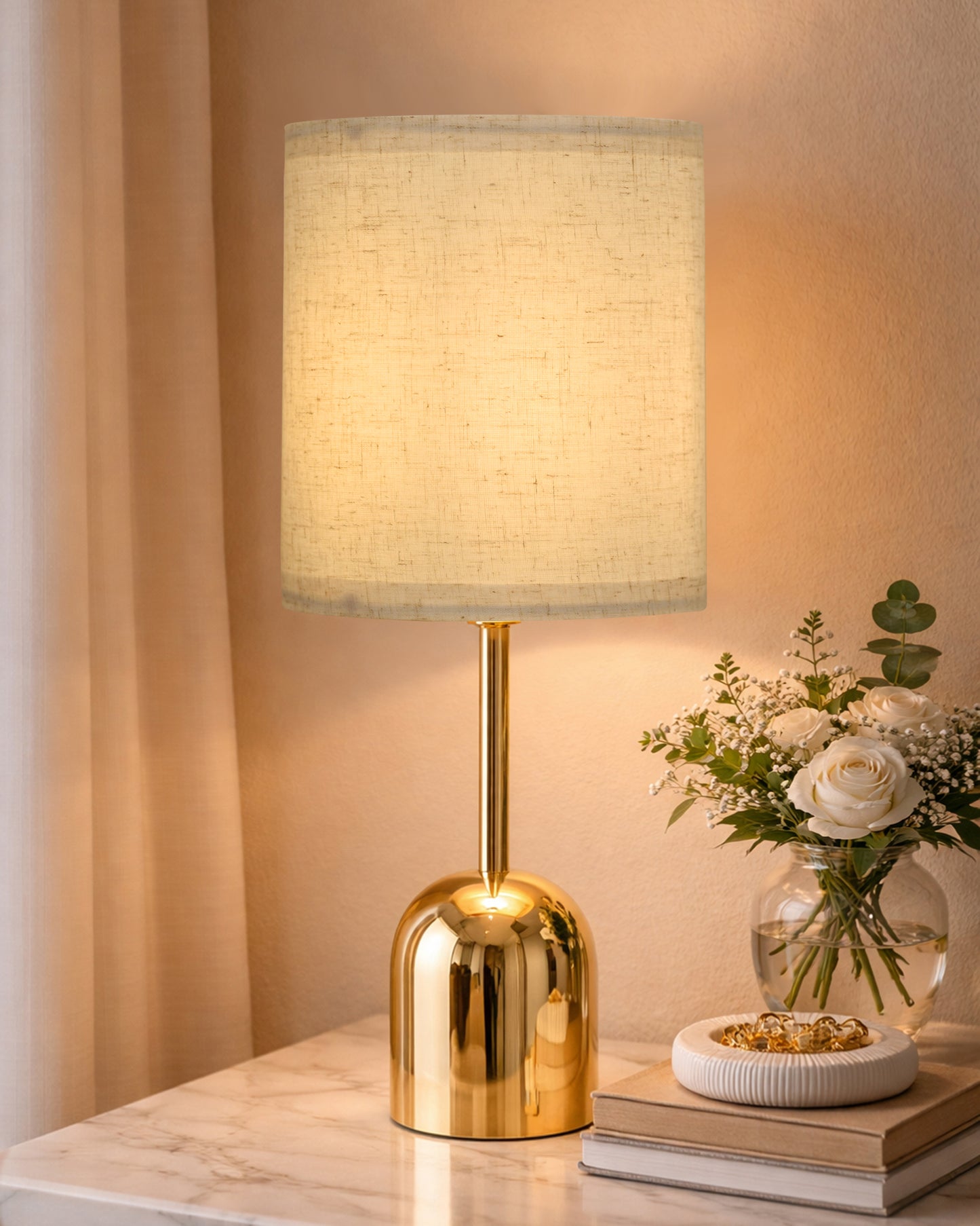 Luxe Dome Gold Table Lamp with Linen Fabric Drum Shade, Modern Decorative Bedside Lamp for Bedroom & Study Table, Living Room & Side Table, Jute Cylinde