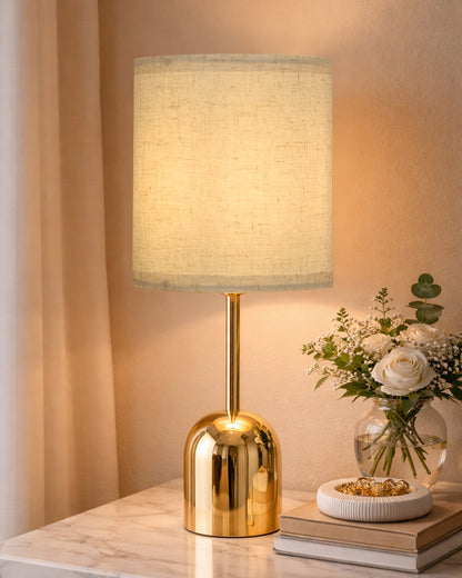 Luxe Dome Gold Table Lamp with Linen Fabric Drum Shade, Modern Decorative Bedside Lamp for Bedroom & Study Table, Living Room & Side Table, Jute Cylinde