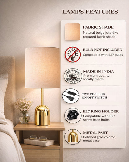 Luxe Dome Gold Table Lamp with Linen Fabric Drum Shade, Modern Decorative Bedside Lamp for Bedroom & Study Table, Living Room & Side Table, Jute Cylinde