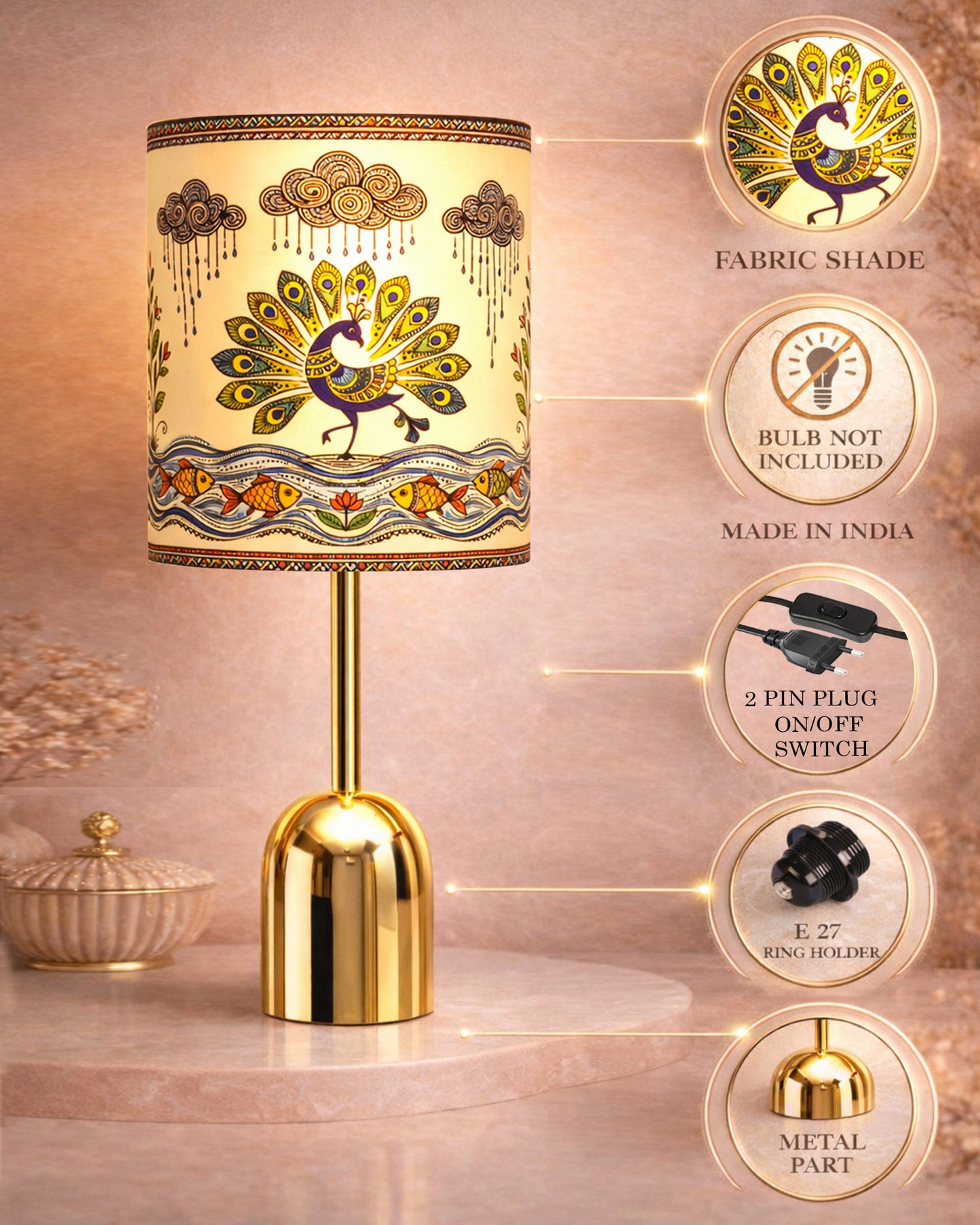 Luxe Dome Gold Table Lamp with Linen Fabric Drum Shade, Modern Decorative Bedside Lamp for Bedroom & Study Table, Living Room & Side Table, Jute Cylinde