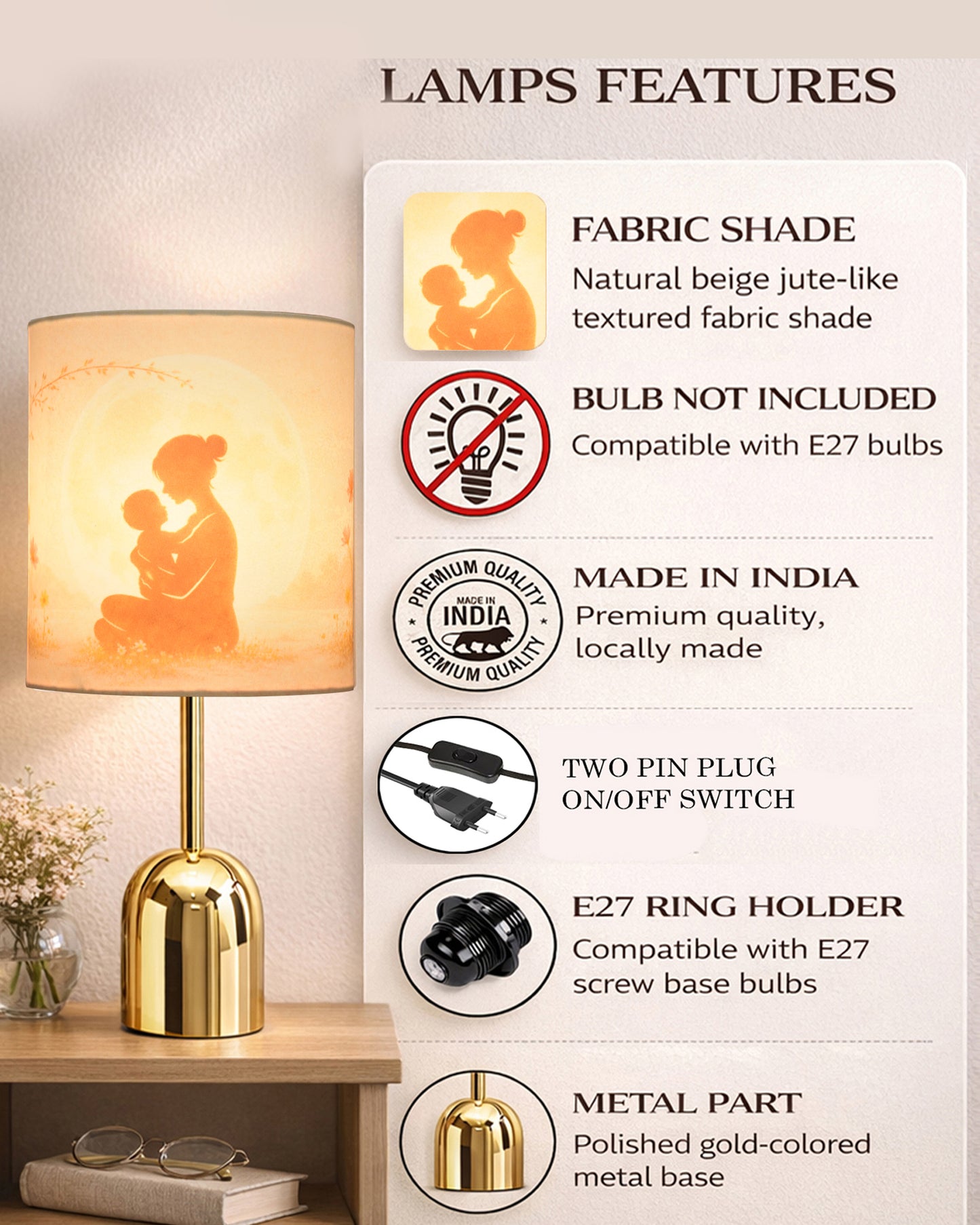 Luxe Dome Gold Table Lamp with Linen Fabric Drum Shade, Modern Decorative Bedside Lamp for Bedroom & Study Table, Living Room & Side Table, Jute Cylinde