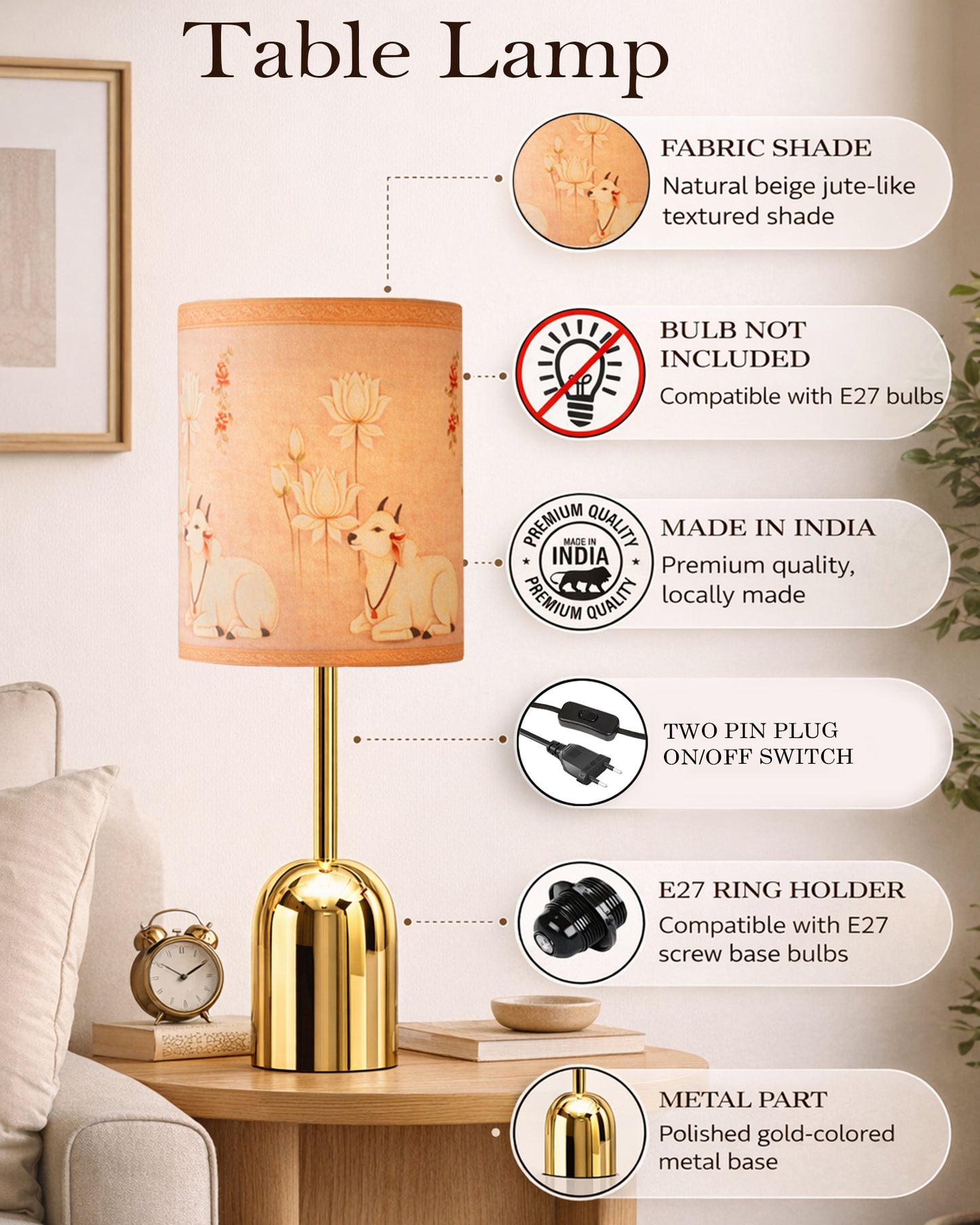 Luxe Dome Gold Table Lamp with Linen Fabric Drum Shade, Modern Decorative Bedside Lamp for Bedroom & Study Table, Living Room & Side Table, Jute Cylinde