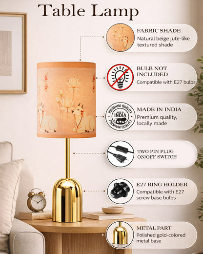 Luxe Dome Gold Table Lamp with Linen Fabric Drum Shade, Modern Decorative Bedside Lamp for Bedroom & Study Table, Living Room & Side Table, Jute Cylinde