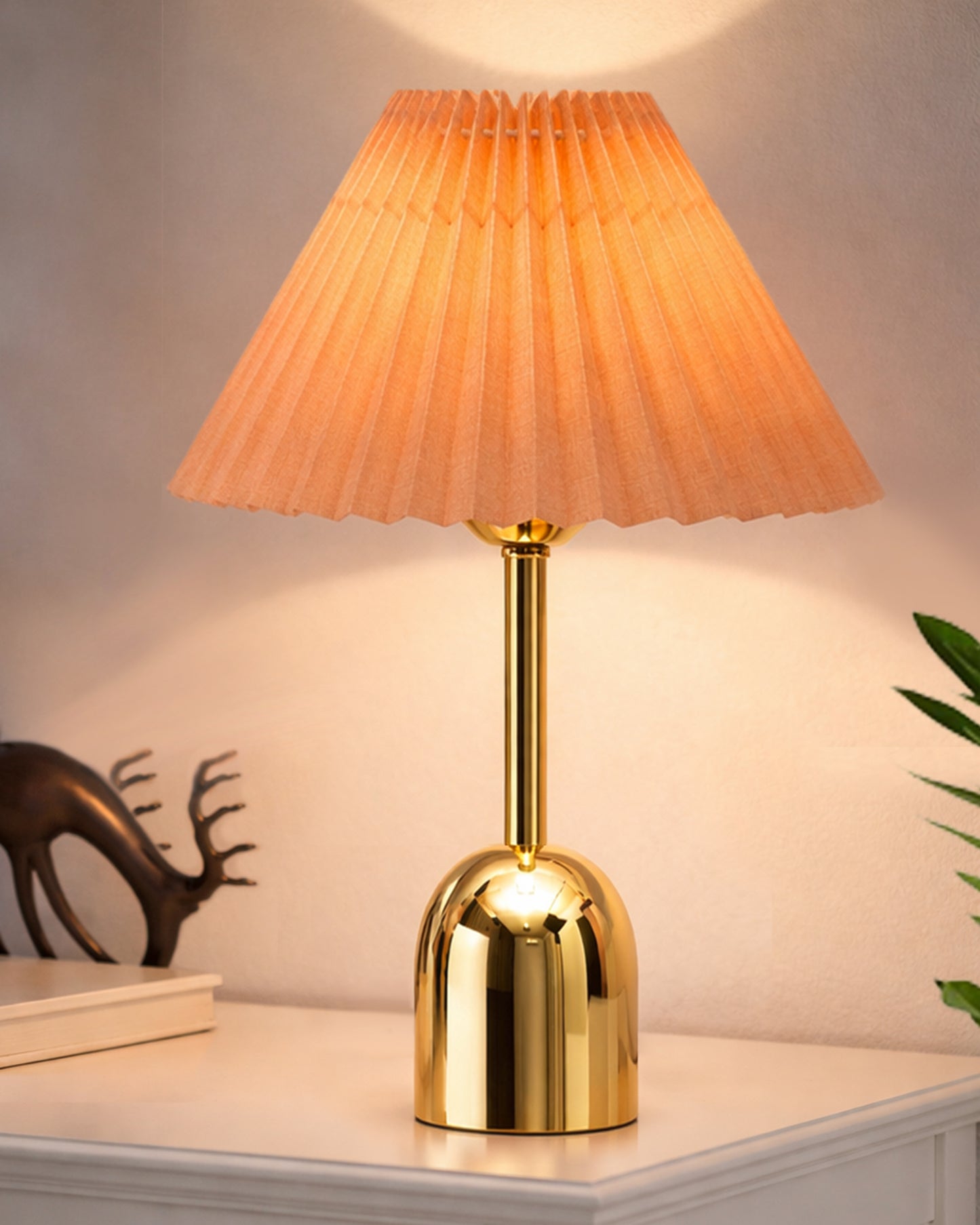 Luxe Dome Gold Table Lamp with Linen Fabric Drum Shade, Modern Decorative Bedside Lamp for Bedroom & Study Table, Living Room & Side Table, Pleated Shade