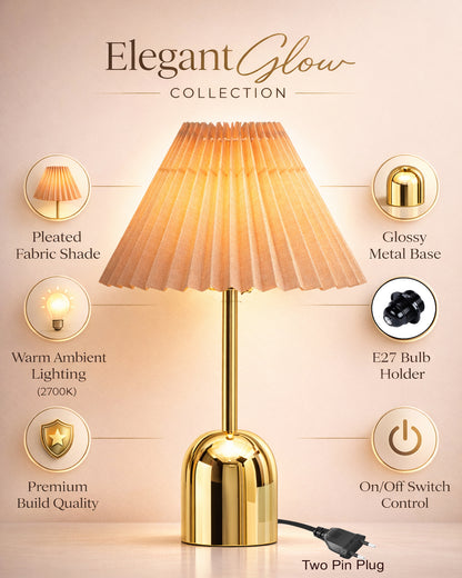 Luxe Dome Gold Table Lamp with Linen Fabric Drum Shade, Modern Decorative Bedside Lamp for Bedroom & Study Table, Living Room & Side Table, Pleated Shade