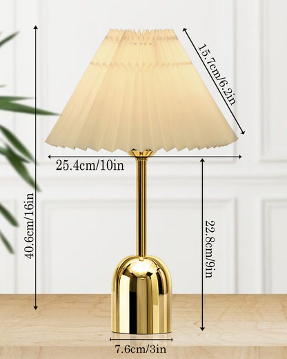 Luxe Dome Gold Table Lamp with Linen Fabric Drum Shade, Modern Decorative Bedside Lamp for Bedroom & Study Table, Living Room & Side Table, Pleated Shade