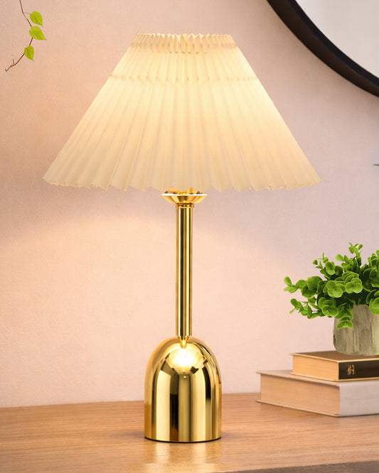 Luxe Dome Gold Table Lamp with Linen Fabric Drum Shade, Modern Decorative Bedside Lamp for Bedroom & Study Table, Living Room & Side Table, Pleated Shade