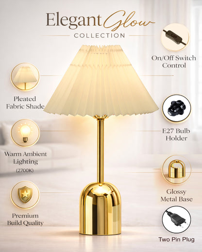 Luxe Dome Gold Table Lamp with Linen Fabric Drum Shade, Modern Decorative Bedside Lamp for Bedroom & Study Table, Living Room & Side Table, Pleated Shade