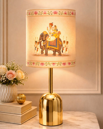 Luxe Dome Gold Table Lamp with Linen Fabric Drum Shade, Modern Decorative Bedside Lamp for Bedroom & Study Table, Living Room & Side Table, Jute Cylinde