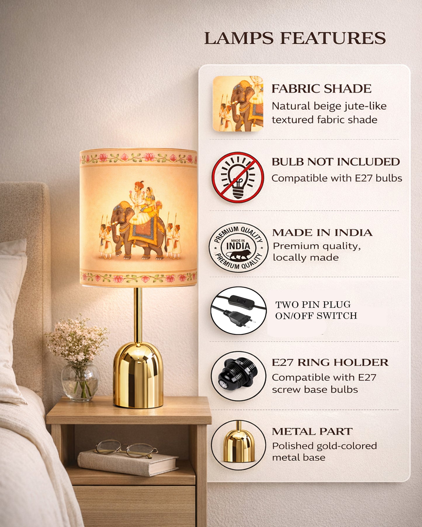 Luxe Dome Gold Table Lamp with Linen Fabric Drum Shade, Modern Decorative Bedside Lamp for Bedroom & Study Table, Living Room & Side Table, Jute Cylinde