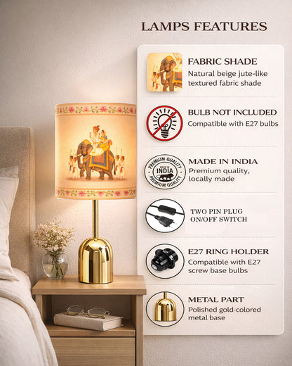 Luxe Dome Gold Table Lamp with Linen Fabric Drum Shade, Modern Decorative Bedside Lamp for Bedroom & Study Table, Living Room & Side Table, Jute Cylinde