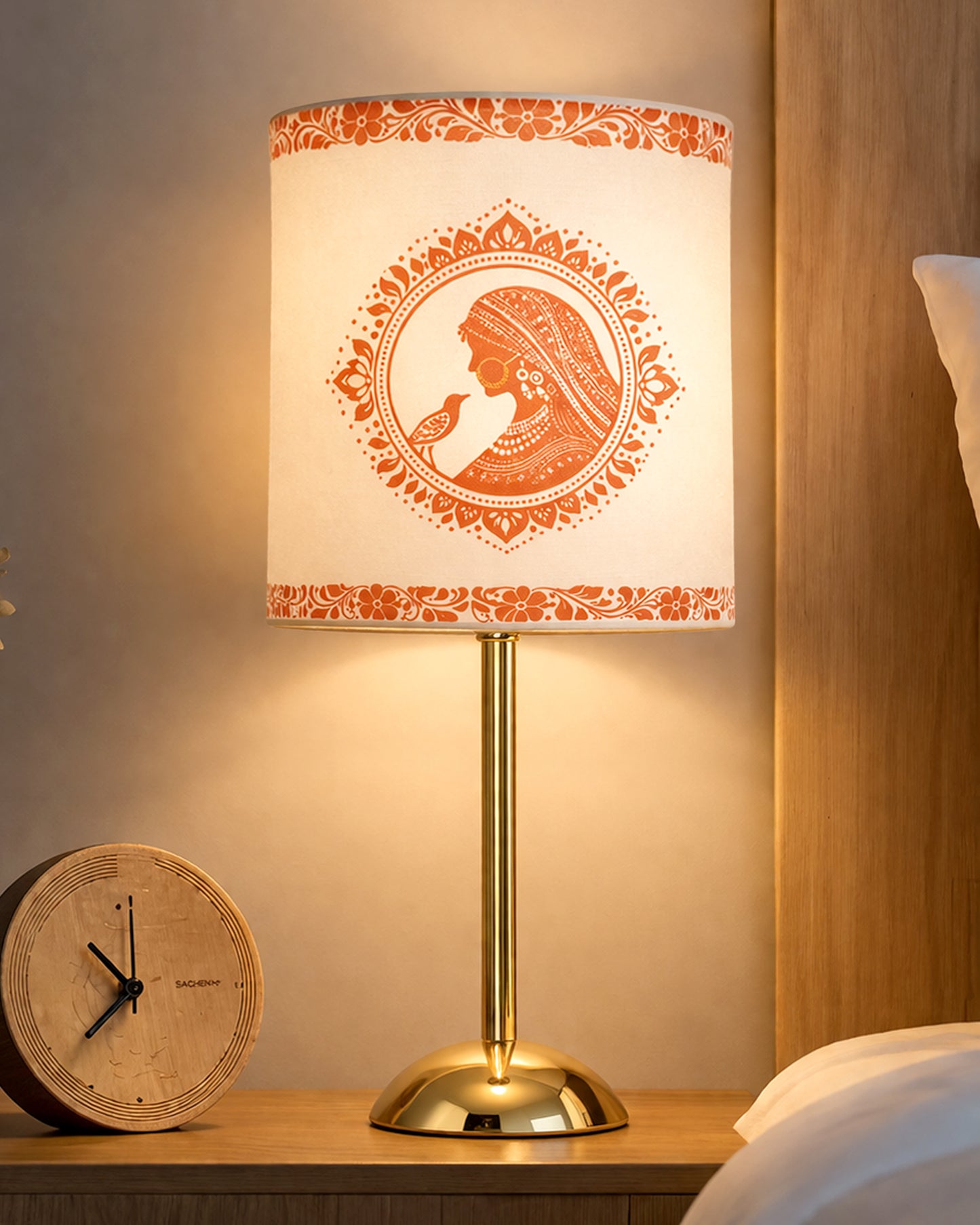 Luxe Round Gold Table Lamp with Linen Fabric Drum Shade, Modern Decorative Bedside Lamp for Bedroom & Study Table, Living Room & Side Table, Cylinde Shade