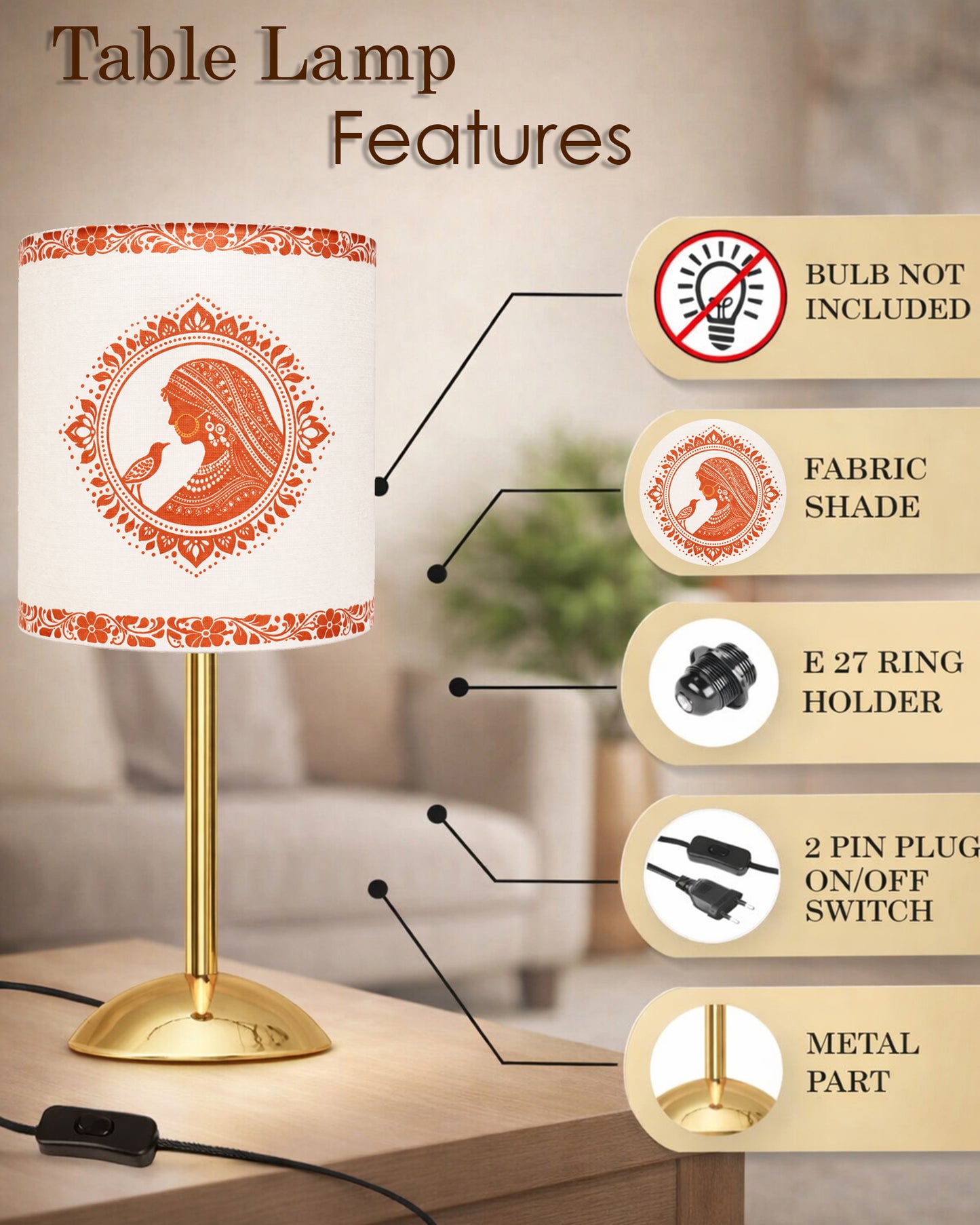 Luxe Round Gold Table Lamp with Linen Fabric Drum Shade, Modern Decorative Bedside Lamp for Bedroom & Study Table, Living Room & Side Table, Cylinde Shade