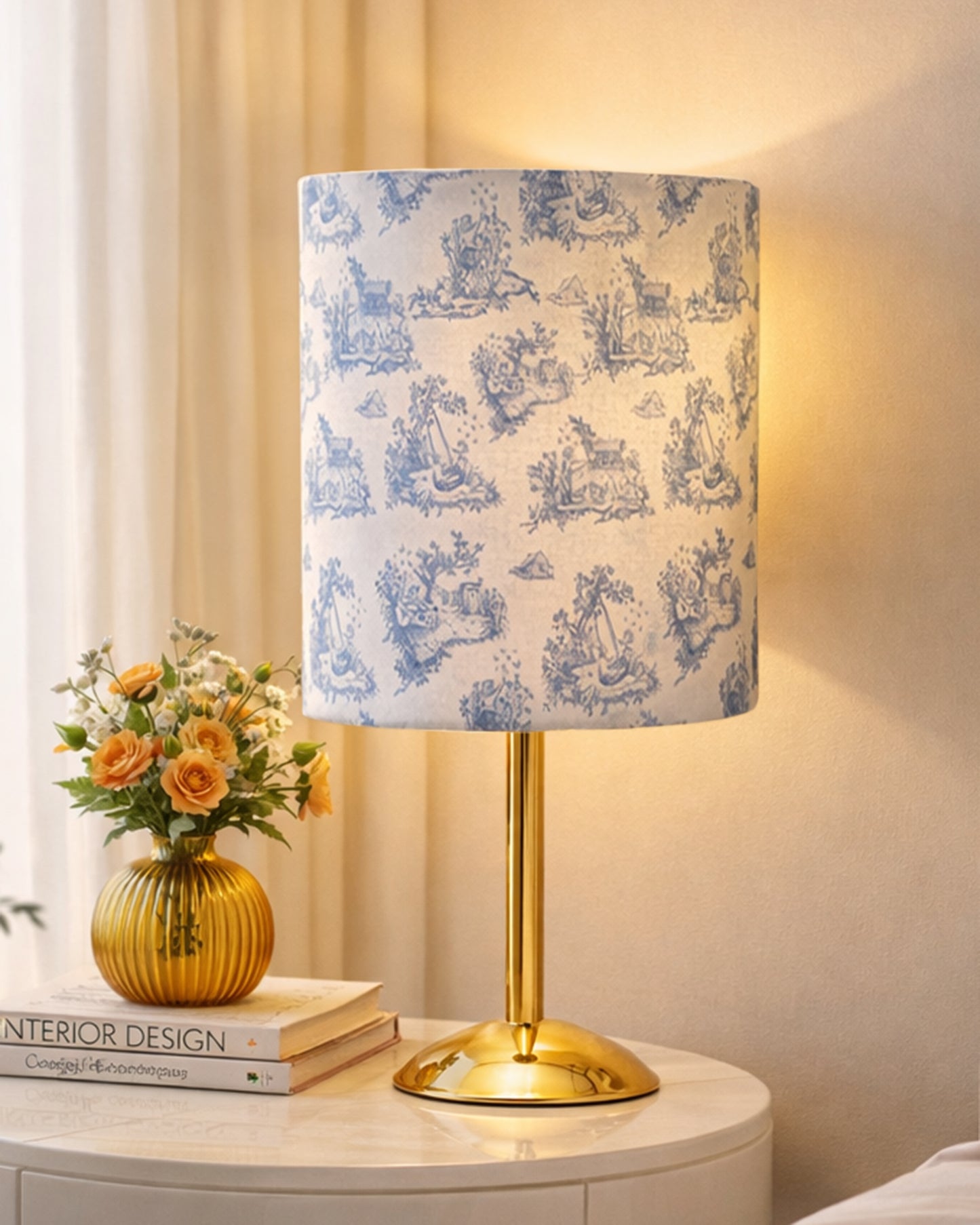 Luxe Round Gold Table Lamp with Linen Fabric Drum Shade, Modern Decorative Bedside Lamp for Bedroom & Study Table, Living Room & Side Table, Cylinde Shade