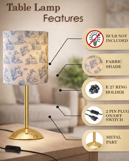 Luxe Round Gold Table Lamp with Linen Fabric Drum Shade, Modern Decorative Bedside Lamp for Bedroom & Study Table, Living Room & Side Table, Cylinde Shade