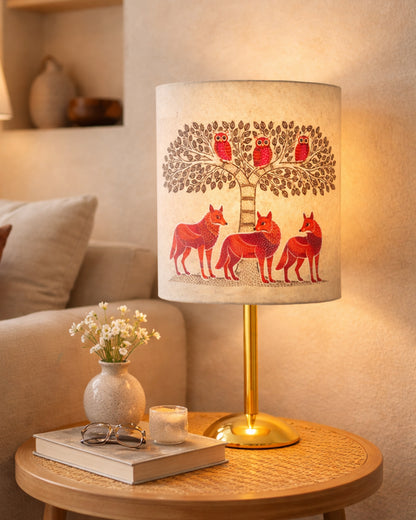 Luxe Round Gold Table Lamp with Linen Fabric Drum Shade, Modern Decorative Bedside Lamp for Bedroom & Study Table, Living Room & Side Table, Cylinde Shade