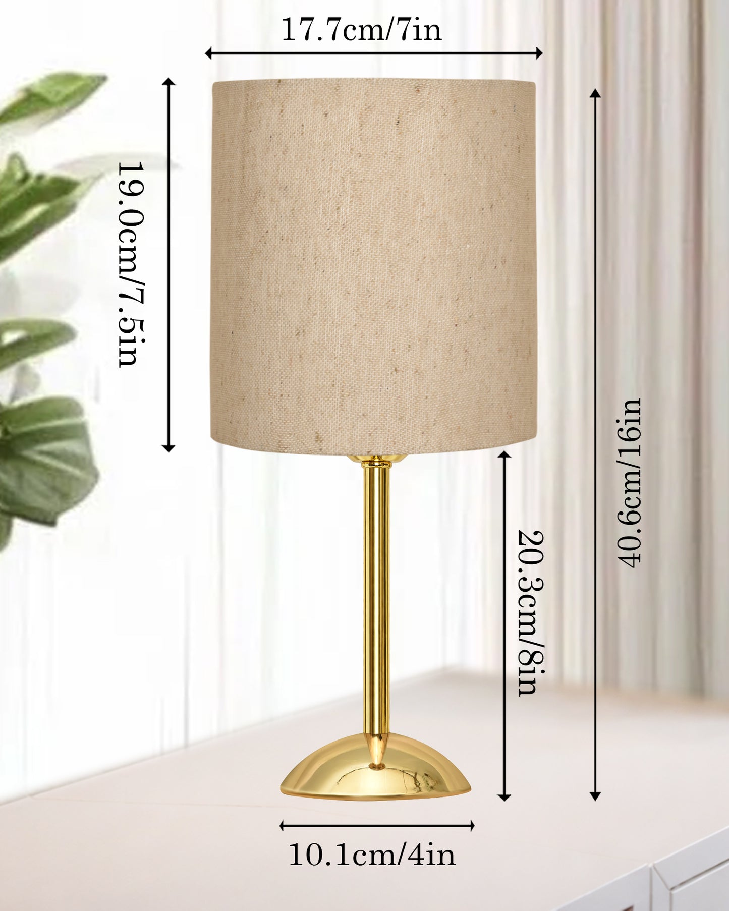 Luxe Round Gold Table Lamp with Linen Fabric Drum Shade, Modern Decorative Bedside Lamp for Bedroom & Study Table, Living Room & Side Table, Cylinde Shade