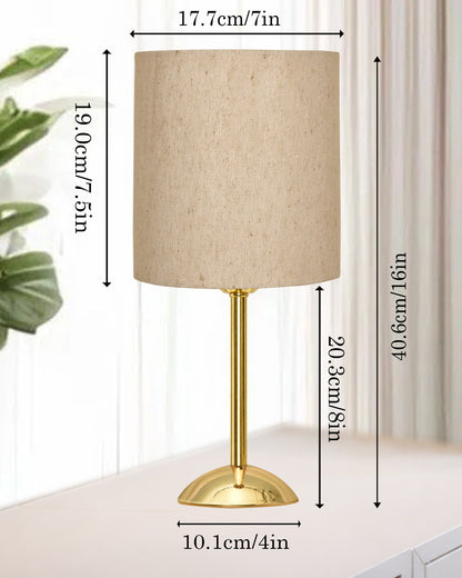Luxe Round Gold Table Lamp with Linen Fabric Drum Shade, Modern Decorative Bedside Lamp for Bedroom & Study Table, Living Room & Side Table, Cylinde Shade