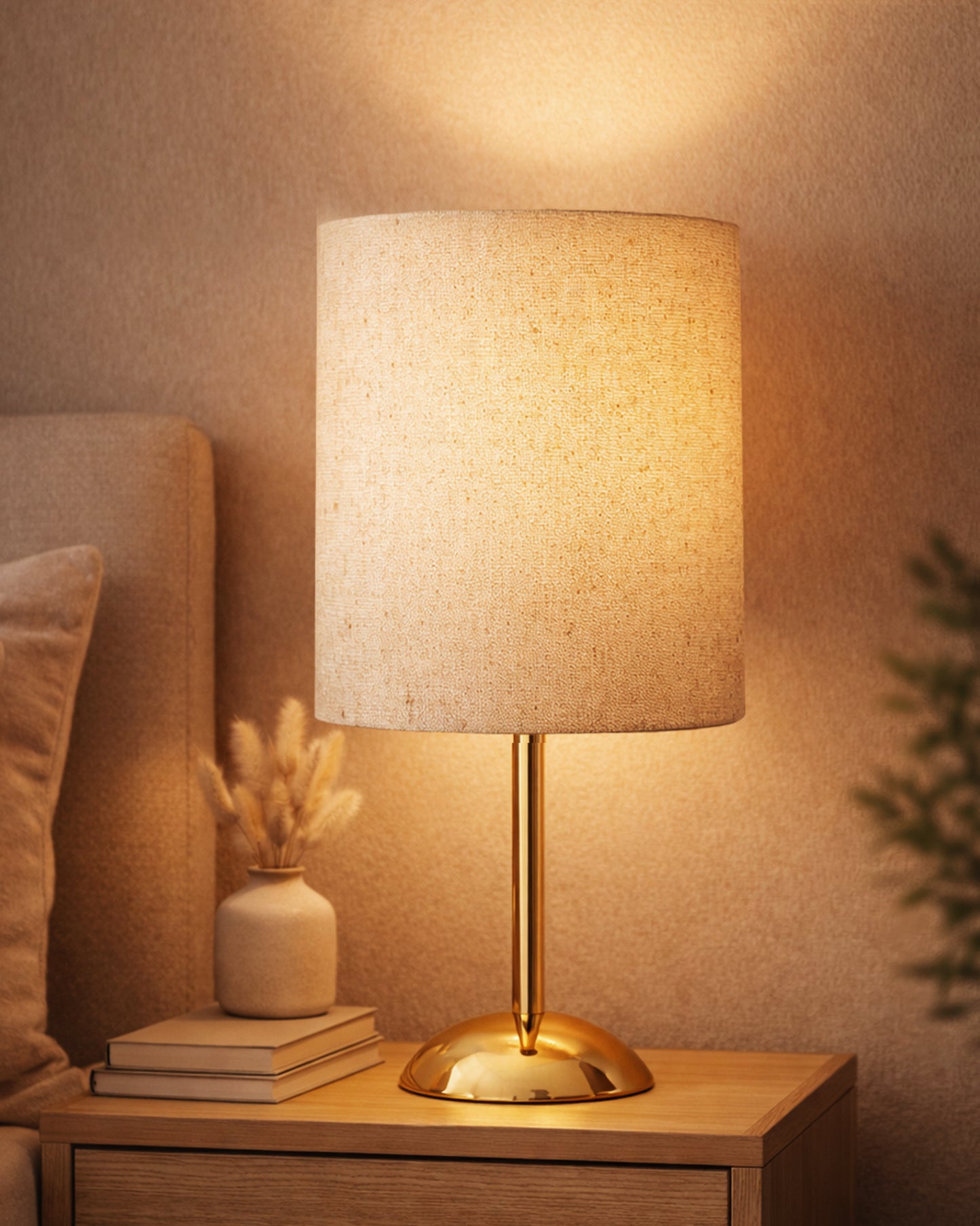 Luxe Round Gold Table Lamp with Linen Fabric Drum Shade, Modern Decorative Bedside Lamp for Bedroom & Study Table, Living Room & Side Table, Cylinde Shade