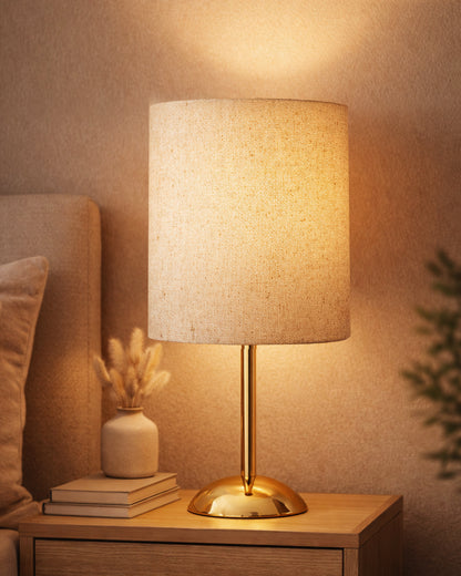 Luxe Round Gold Table Lamp with Linen Fabric Drum Shade, Modern Decorative Bedside Lamp for Bedroom & Study Table, Living Room & Side Table, Cylinde Shade