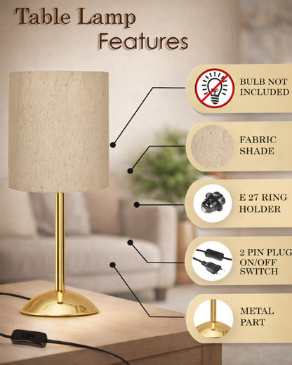 Luxe Round Gold Table Lamp with Linen Fabric Drum Shade, Modern Decorative Bedside Lamp for Bedroom & Study Table, Living Room & Side Table, Cylinde Shade