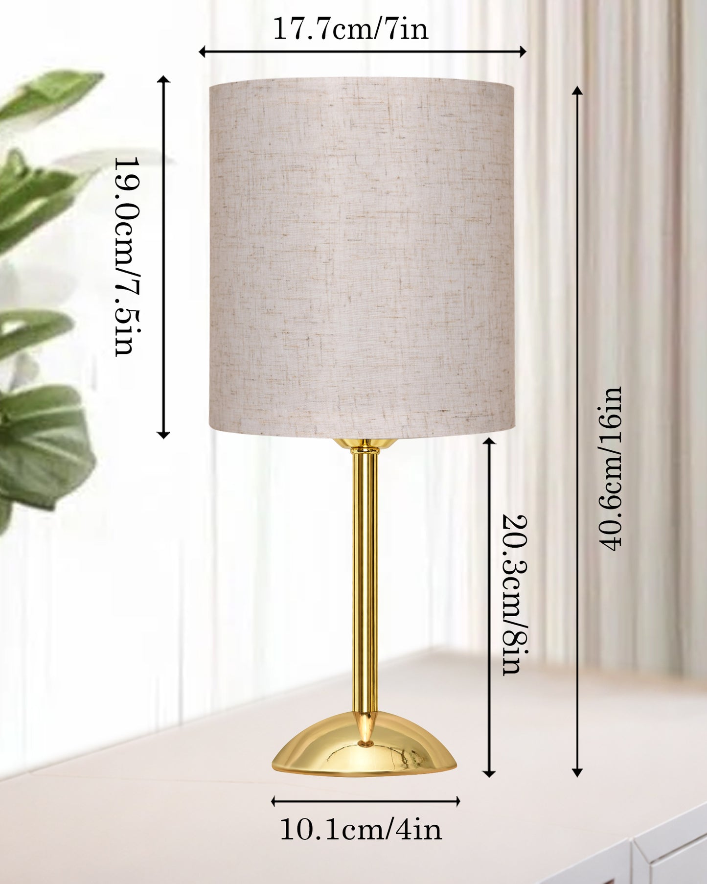 Luxe Round Gold Table Lamp with Linen Fabric Drum Shade, Modern Decorative Bedside Lamp for Bedroom & Study Table, Living Room & Side Table, Cylinde Shade