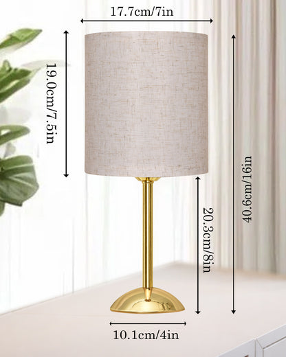 Luxe Round Gold Table Lamp with Linen Fabric Drum Shade, Modern Decorative Bedside Lamp for Bedroom & Study Table, Living Room & Side Table, Cylinde Shade
