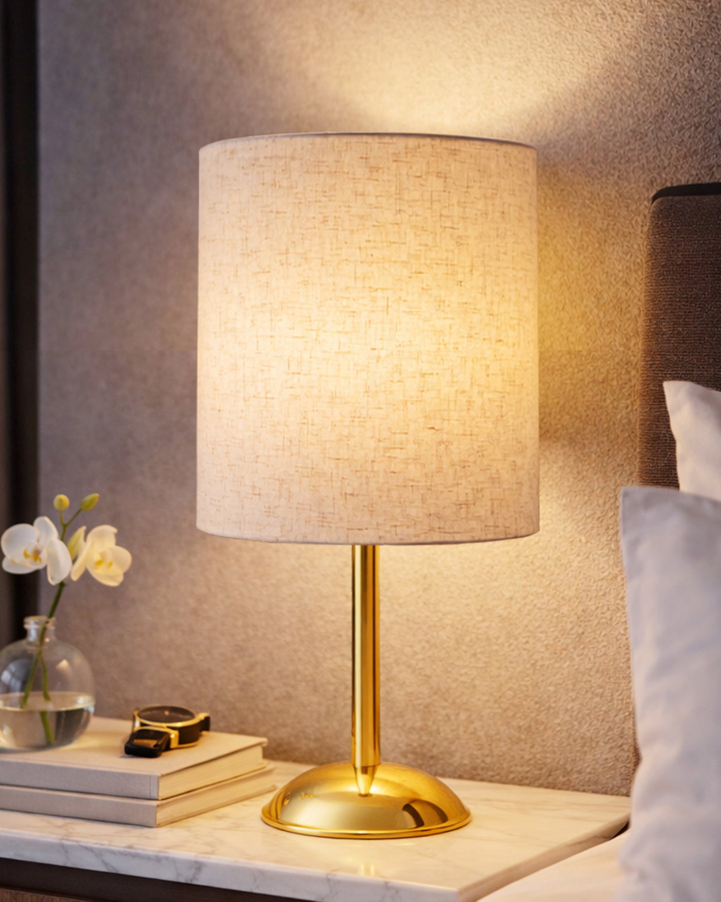 Luxe Round Gold Table Lamp with Linen Fabric Drum Shade, Modern Decorative Bedside Lamp for Bedroom & Study Table, Living Room & Side Table, Cylinde Shade