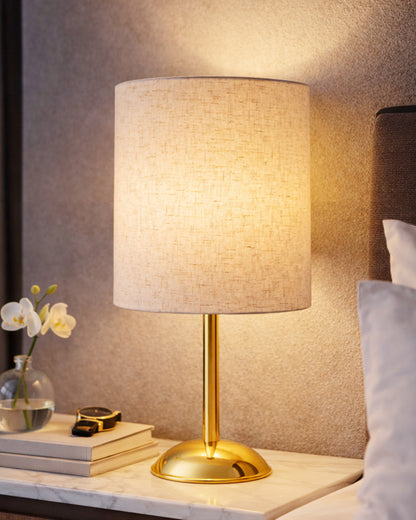 Luxe Round Gold Table Lamp with Linen Fabric Drum Shade, Modern Decorative Bedside Lamp for Bedroom & Study Table, Living Room & Side Table, Cylinde Shade