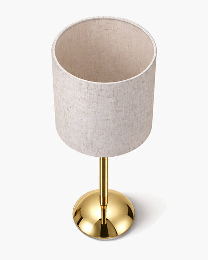 Luxe Round Gold Table Lamp with Linen Fabric Drum Shade, Modern Decorative Bedside Lamp for Bedroom & Study Table, Living Room & Side Table, Cylinde Shade