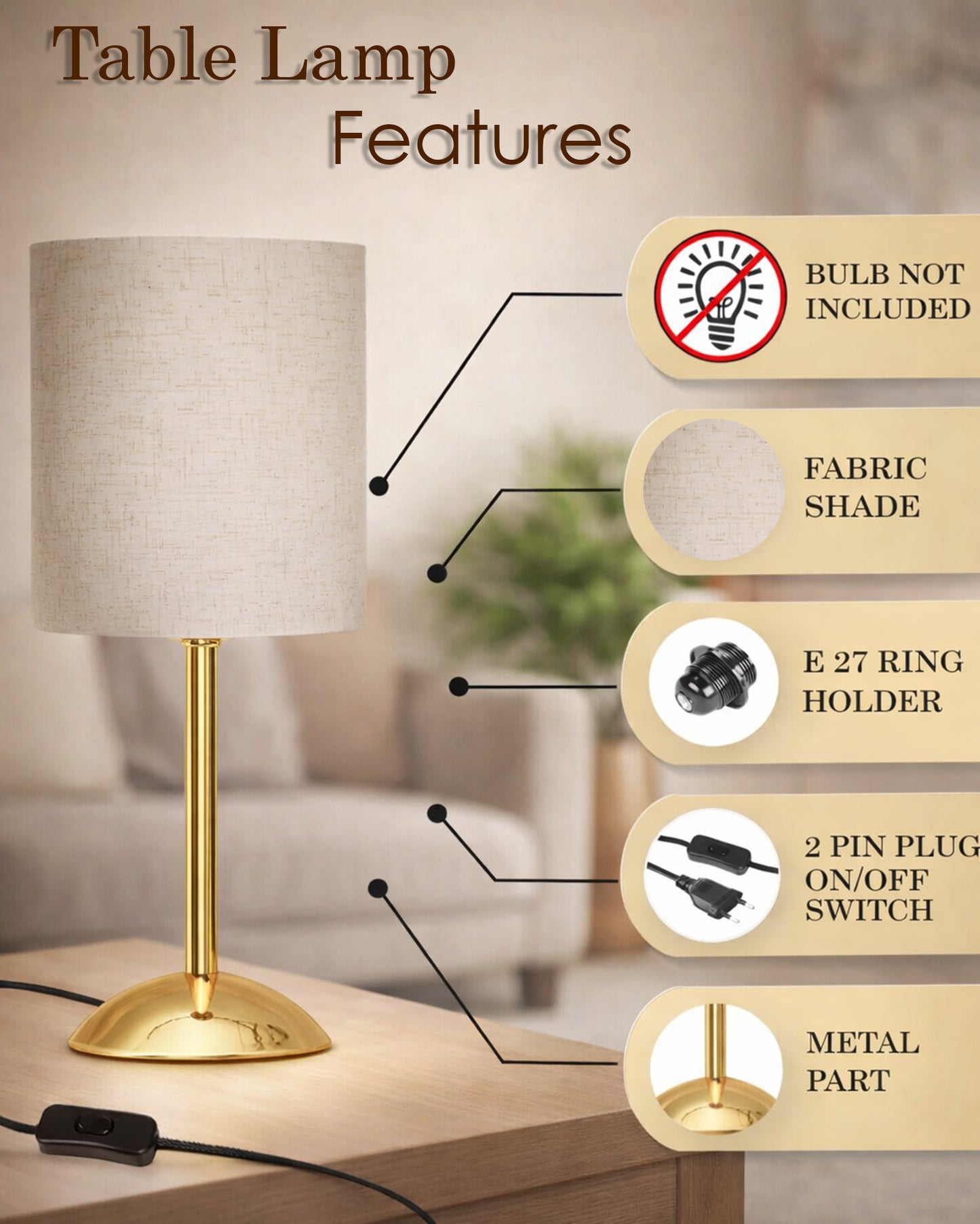 Luxe Round Gold Table Lamp with Linen Fabric Drum Shade, Modern Decorative Bedside Lamp for Bedroom & Study Table, Living Room & Side Table, Cylinde Shade
