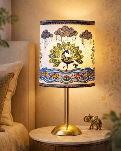 Luxe Round Gold Table Lamp with Linen Fabric Drum Shade, Modern Decorative Bedside Lamp for Bedroom & Study Table, Living Room & Side Table, Cylinde Shade