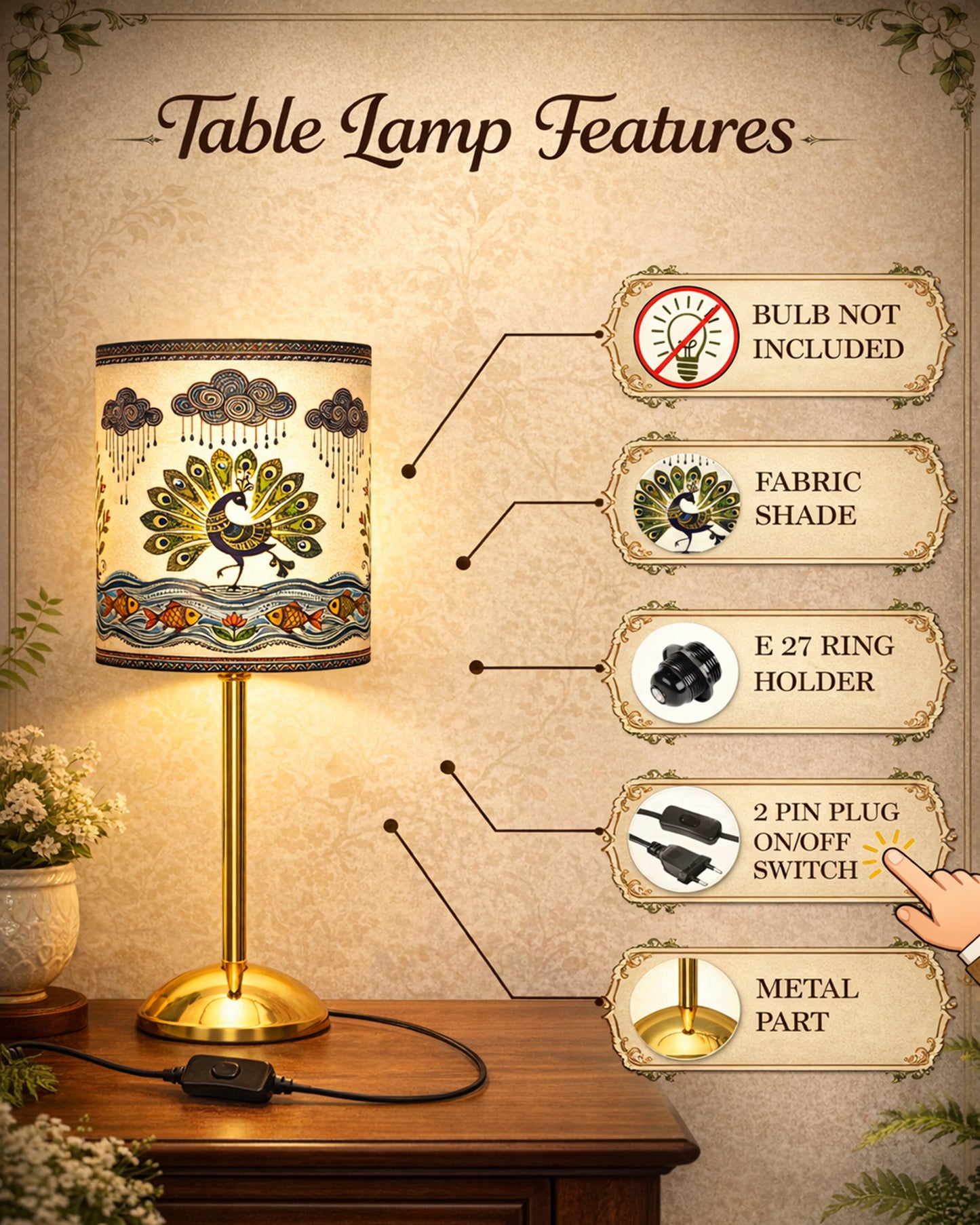 Luxe Round Gold Table Lamp with Linen Fabric Drum Shade, Modern Decorative Bedside Lamp for Bedroom & Study Table, Living Room & Side Table, Cylinde Shade