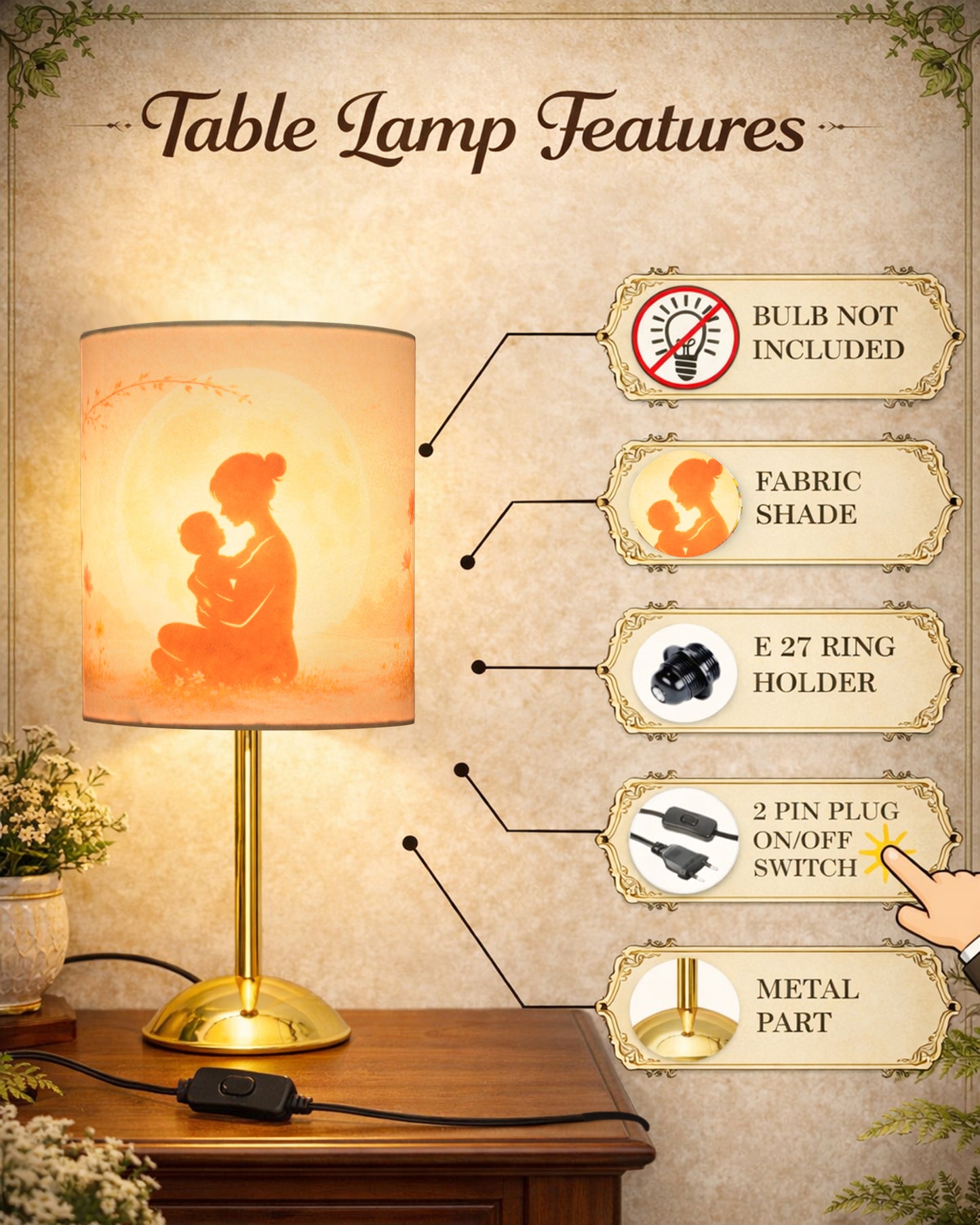 Luxe Round Gold Table Lamp with Linen Fabric Drum Shade, Modern Decorative Bedside Lamp for Bedroom & Study Table, Living Room & Side Table, Cylinde Shade