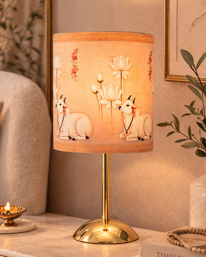 Luxe Round Gold Table Lamp with Linen Fabric Drum Shade, Modern Decorative Bedside Lamp for Bedroom & Study Table, Living Room & Side Table, Cylinde Shade