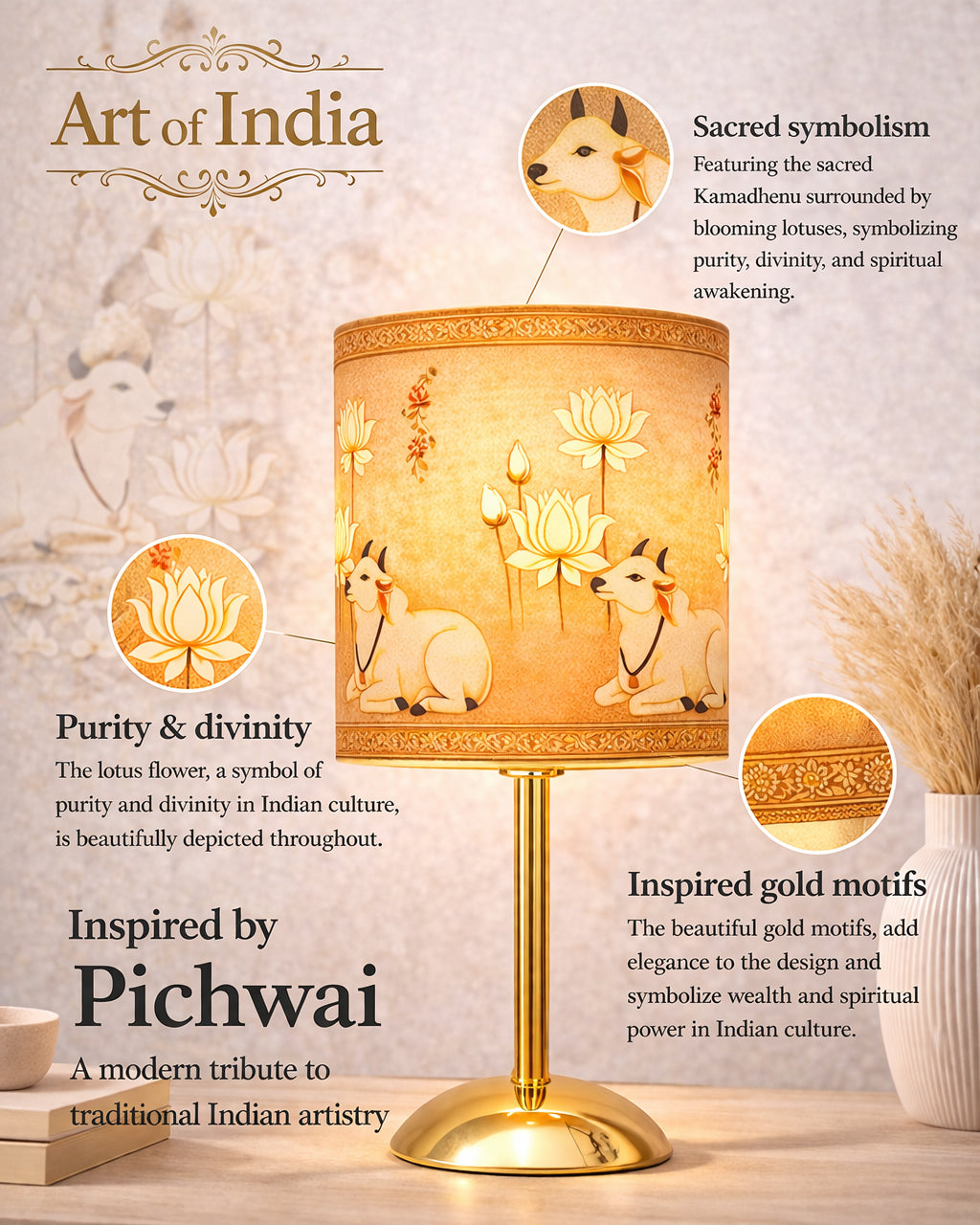 Luxe Round Gold Table Lamp with Linen Fabric Drum Shade, Modern Decorative Bedside Lamp for Bedroom & Study Table, Living Room & Side Table, Cylinde Shade