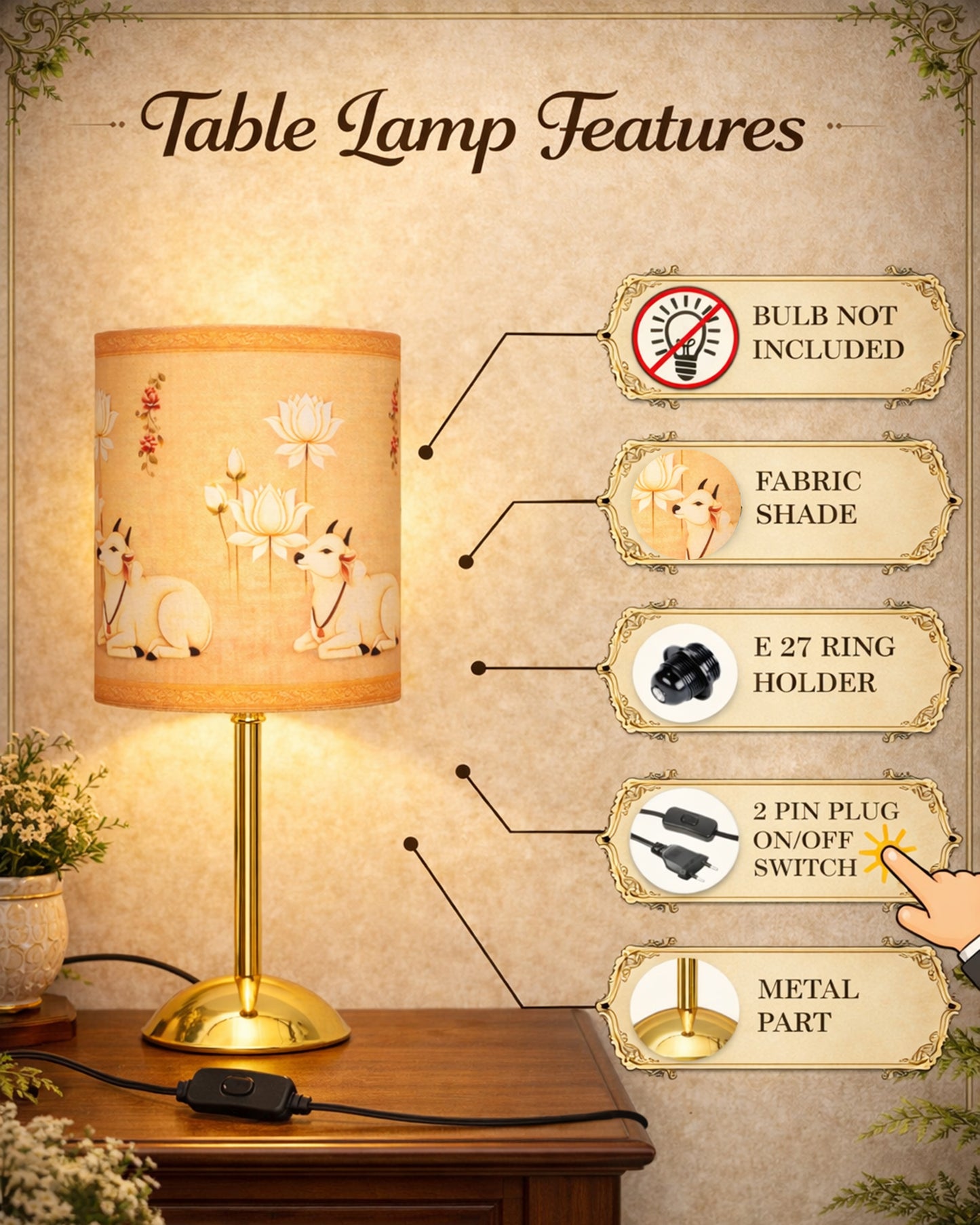 Luxe Round Gold Table Lamp with Linen Fabric Drum Shade, Modern Decorative Bedside Lamp for Bedroom & Study Table, Living Room & Side Table, Cylinde Shade