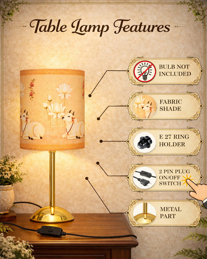 Luxe Round Gold Table Lamp with Linen Fabric Drum Shade, Modern Decorative Bedside Lamp for Bedroom & Study Table, Living Room & Side Table, Cylinde Shade