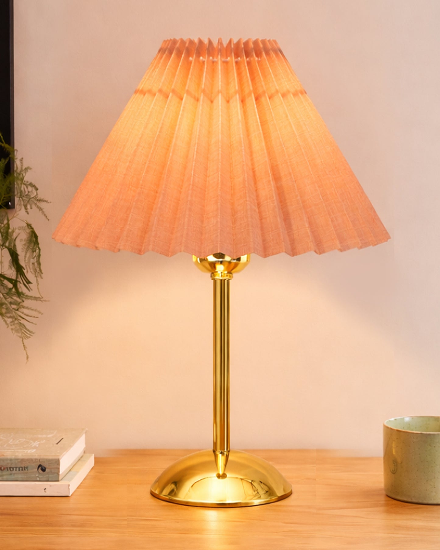 Luxe Round Gold Table Lamp with Linen Fabric Drum Shade, Modern Decorative Bedside Lamp for Bedroom & Study Table, Living Room & Side Table, Pleated Shade